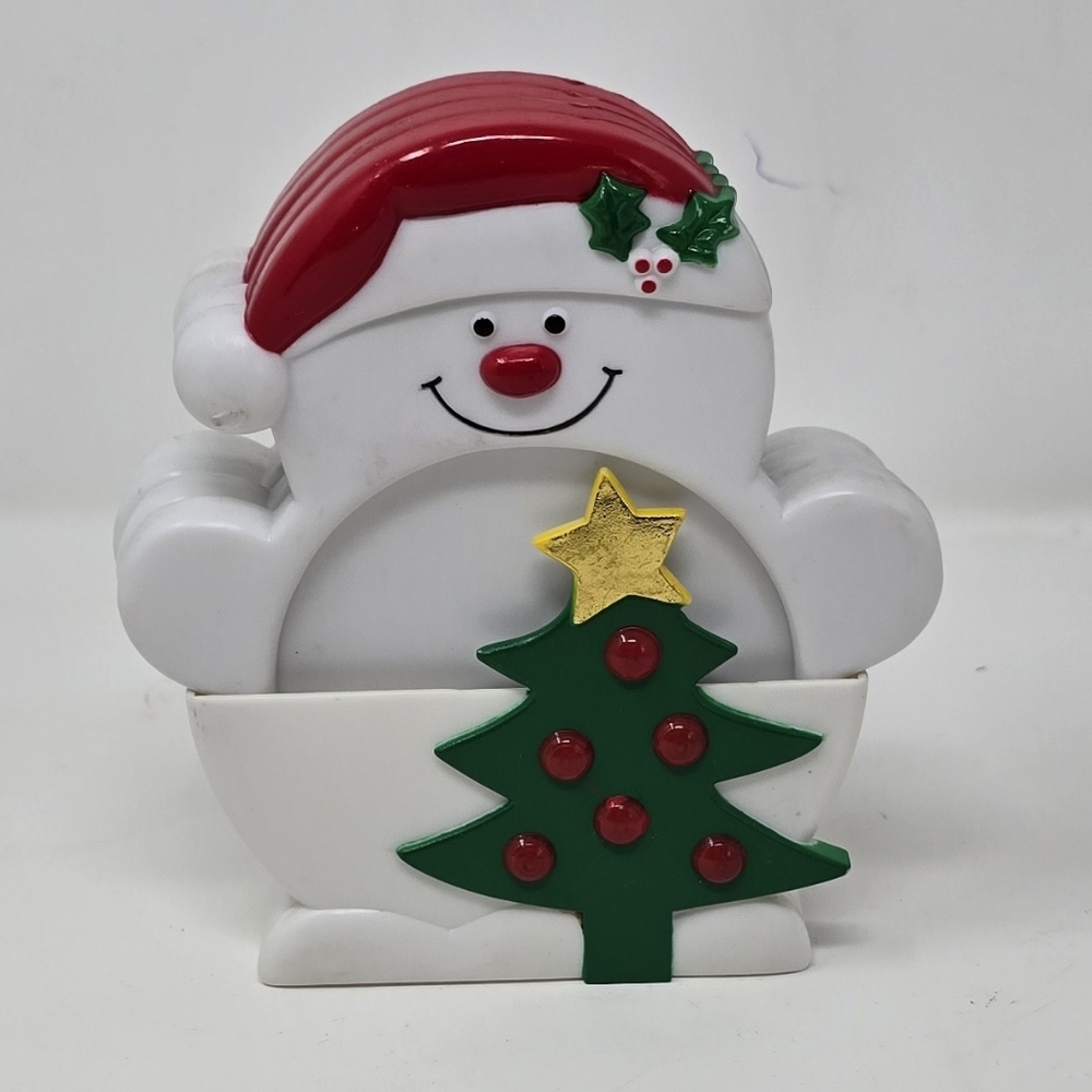 Vintage christmas set of 4 snowman coasters w/holder plastic holiday winter